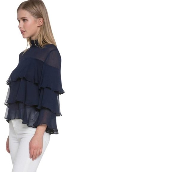 Zara Navy Tiered Sheer Ruffle Blouse, XS - Picture 11 of 16